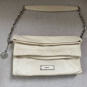 Vintage DKNY Cream Fold-Over Clutch with Shoulder Chain